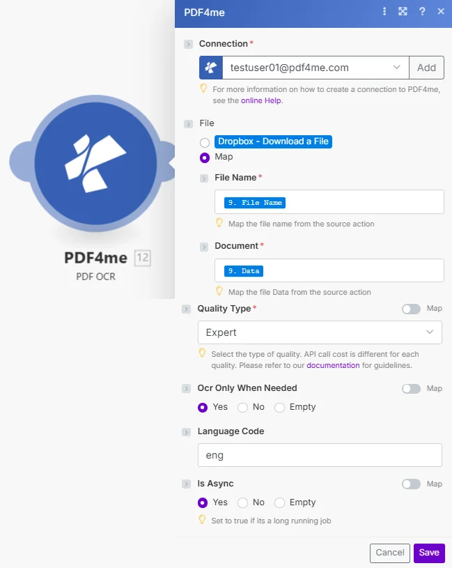 PDF4me PDF OCR modülünü, önceki adımda eşleştirilen dosyaları, çıktı dosya adını, Kalite türünü Uzman olarak ayarlamayı, Yalnızca Gerektiğinde OCR yapmayı, Dil kodunu ve Eşzamansız olup olmadığını gösteren alanları içerecek şekilde oluşturun.